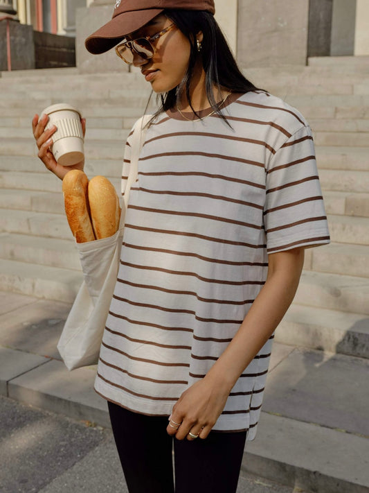 Lola Longline Tee - Buff / Brunette Stripe