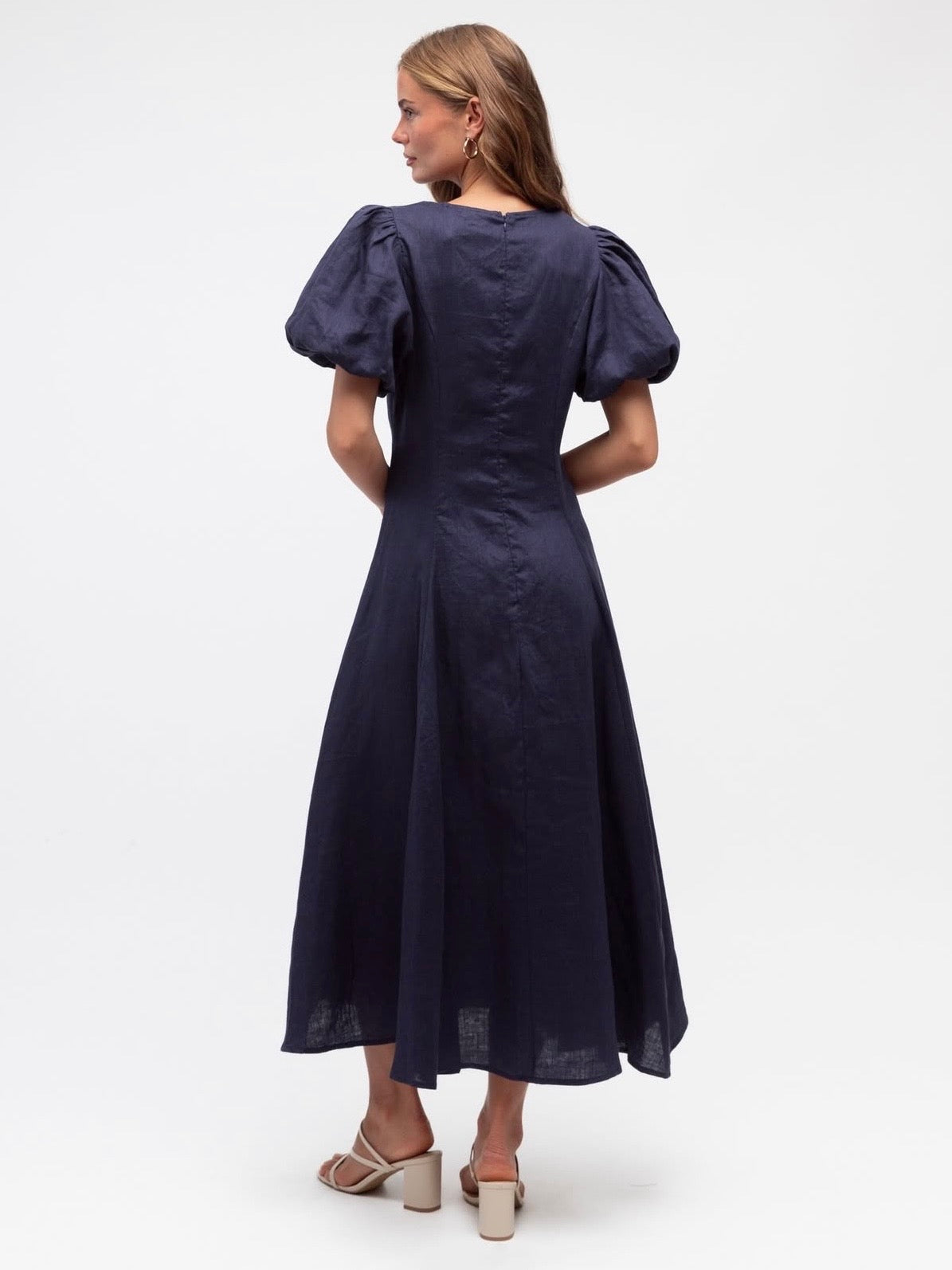 Linen Luxe Balloon Sleeve Dress - Navy