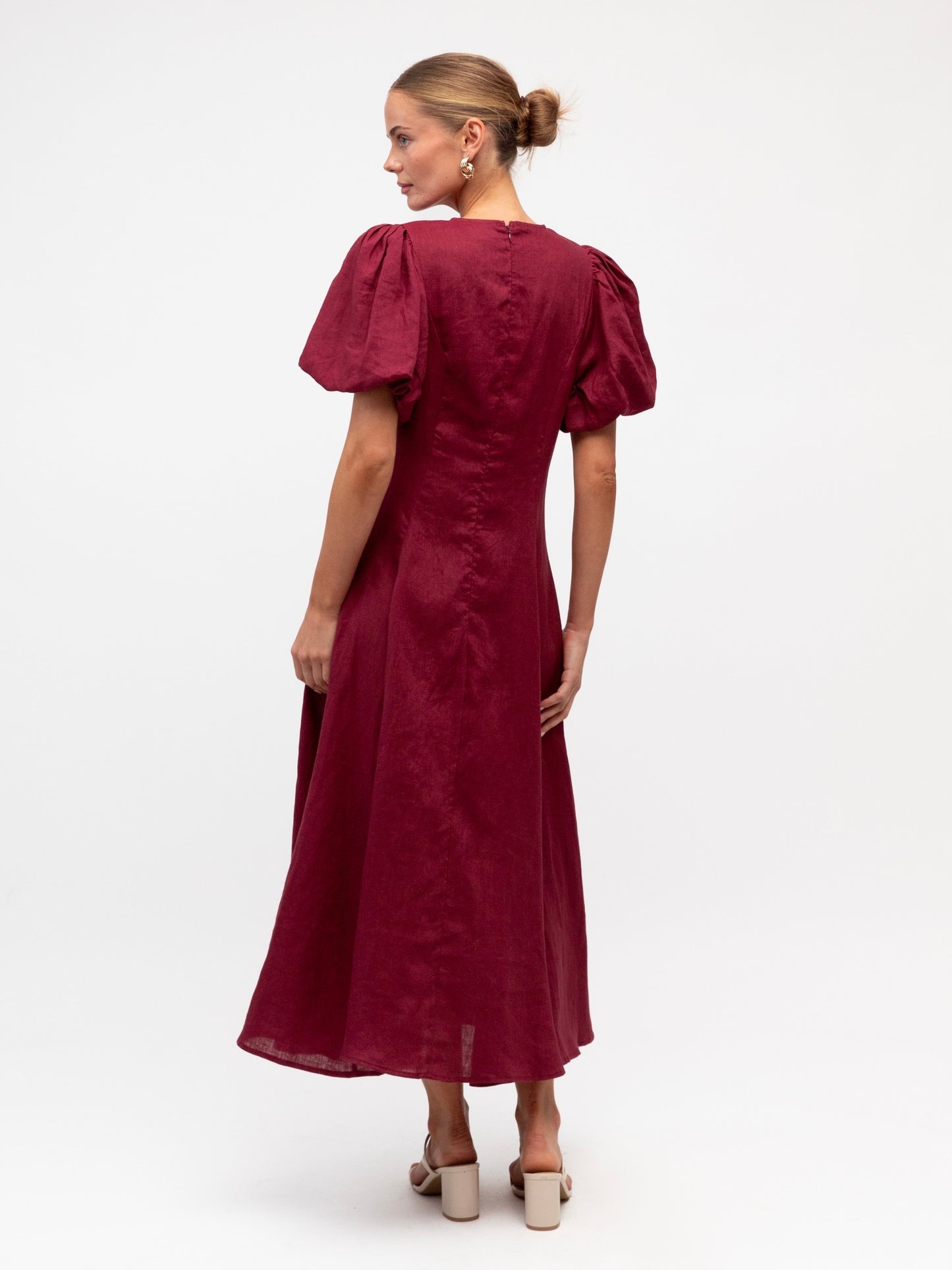 Linen Luxe Balloon Sleeve Dress - Merlot