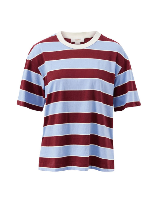 Stevie Slouchy Tee - Burgundy / Sky Blue Stripe