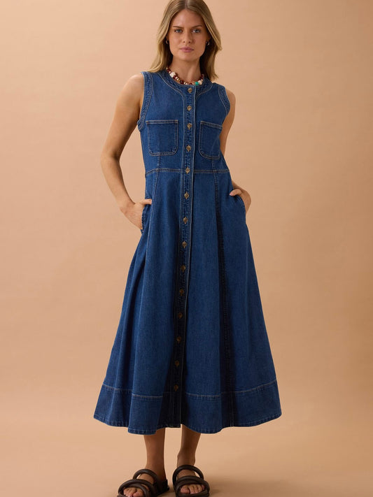 Hazel Sleeveless Midi Denim Dress - Caspian Blue