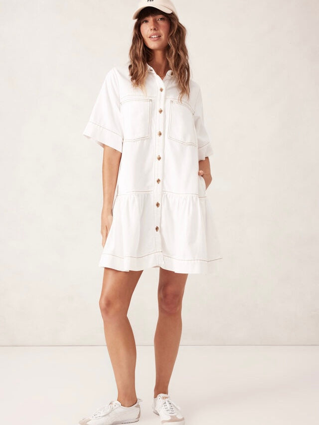 Short Sleeve Tiered Pocket Denim Dress - Fresh Ecru