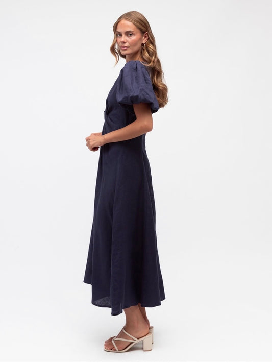 Linen Luxe Balloon Sleeve Dress - Navy