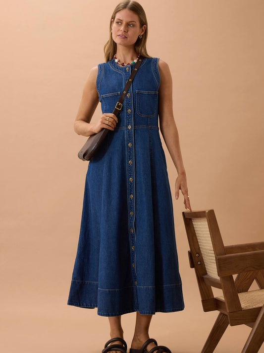 Hazel Sleeveless Midi Denim Dress - Caspian Blue