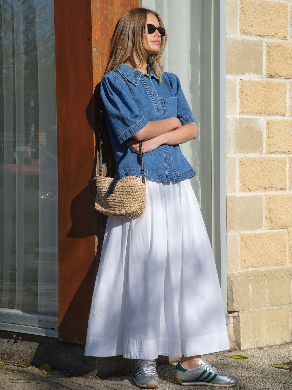Dylan Pleat Sleeve Denim Shirt- Fresh Indigo