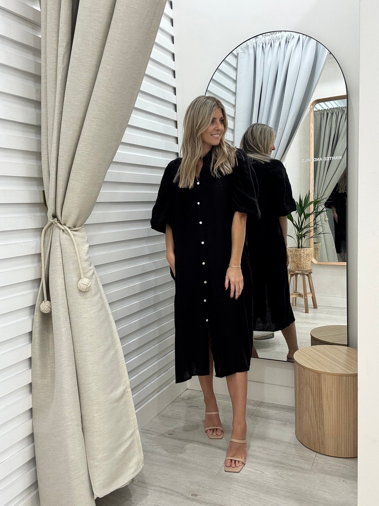 Lune Linen Puff Sleeve Dress  - Black