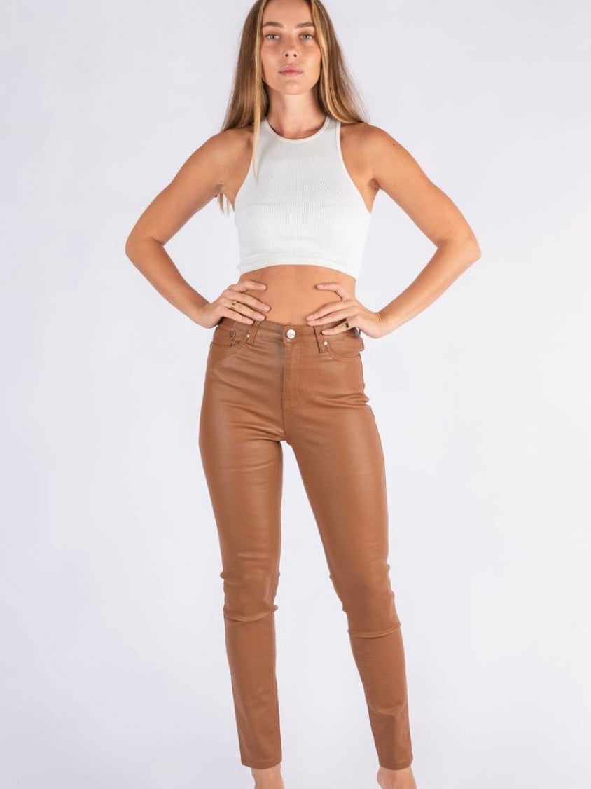 Coated Leather Look Jeans - Tan - WANTED AND WILD