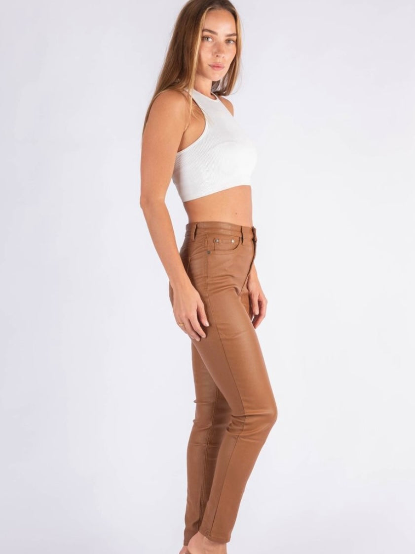 Coated Leather Look Jeans - Tan - WANTED AND WILD
