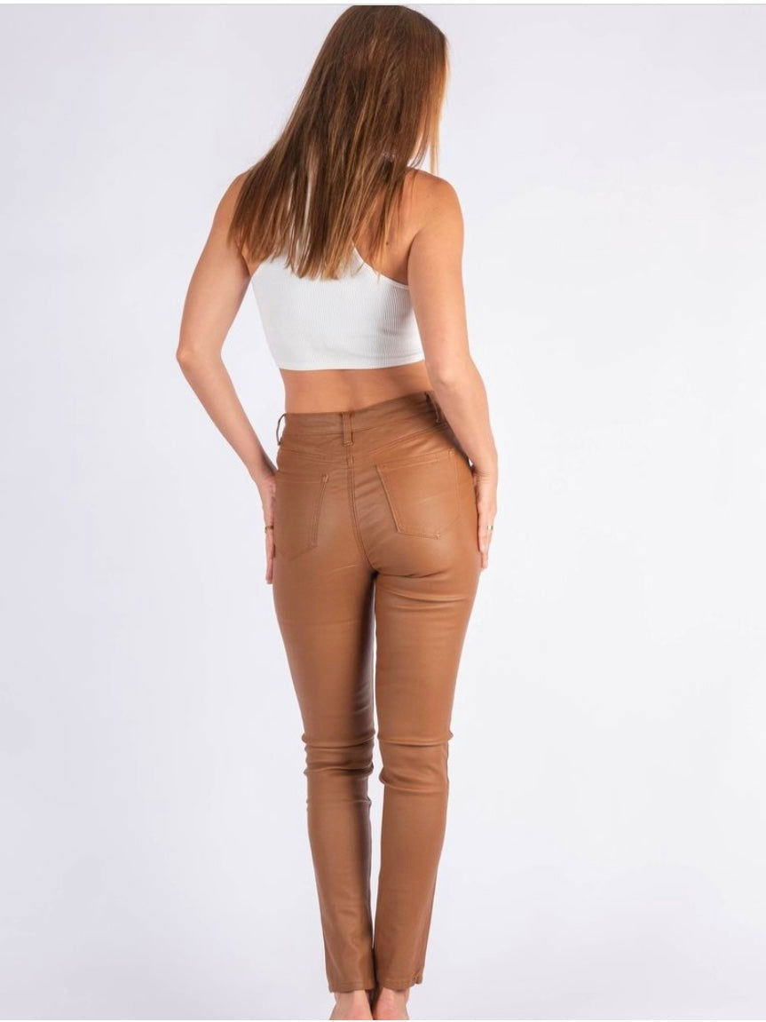 Coated Leather Look Jeans - Tan - WANTED AND WILD