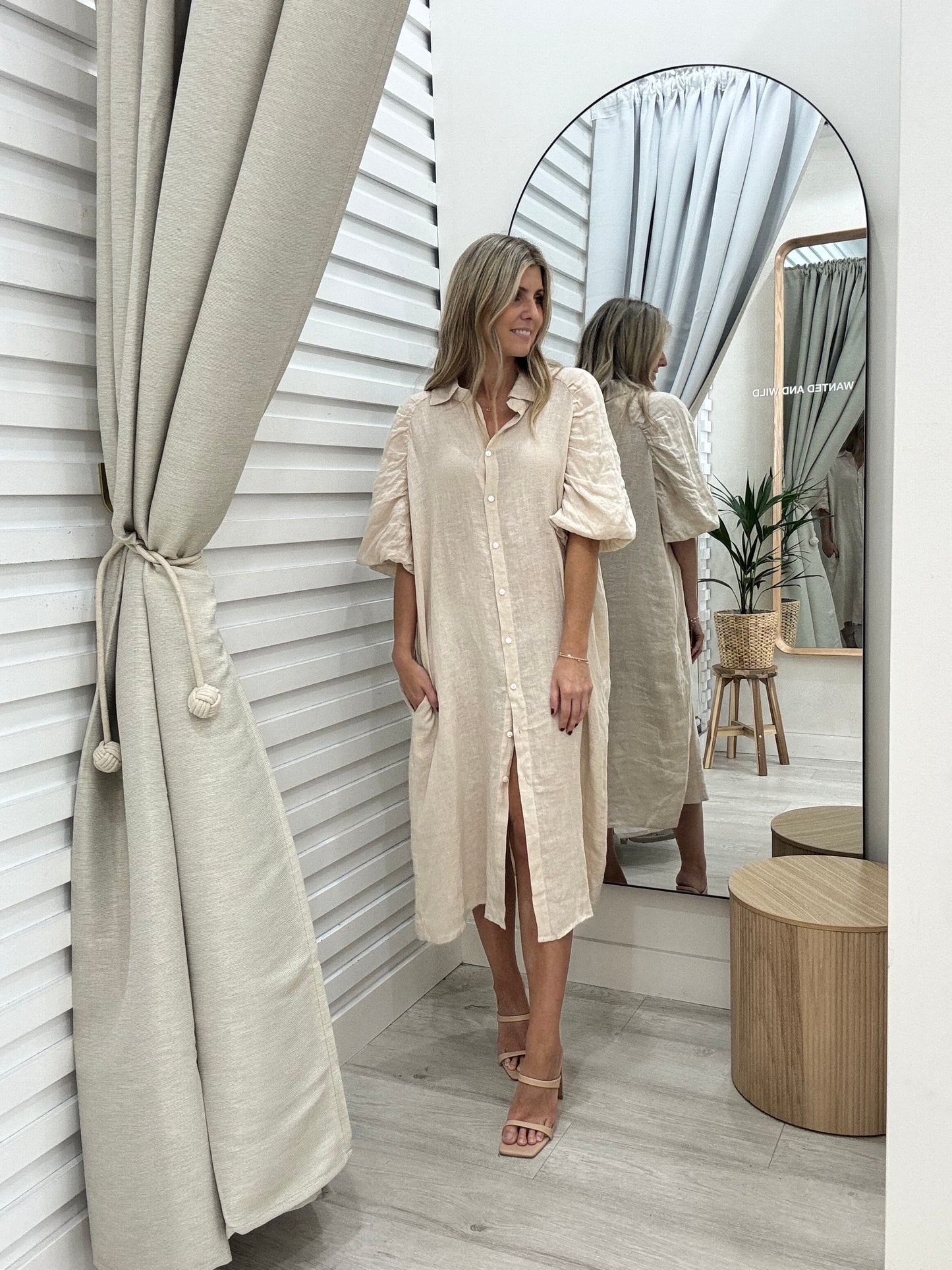 Lune Linen Puff Sleeve Dress  - Oatmeal