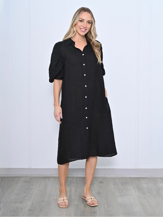 Lune Linen Puff Sleeve Dress  - Black