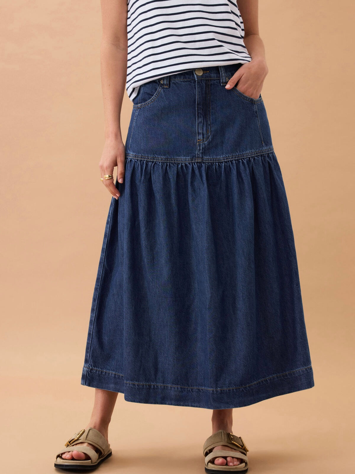 Drop Waist Denim Maxi Skirt - Caspian Blue