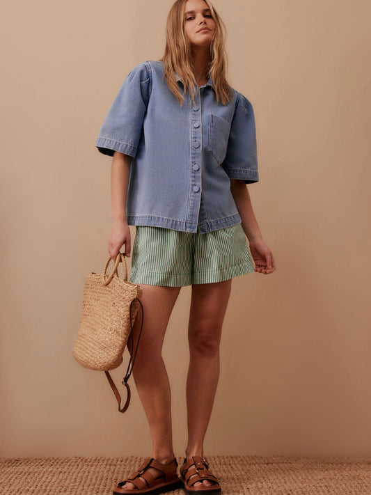 Dylan Pleat Sleeve Denim Shirt- Vintage Blue
