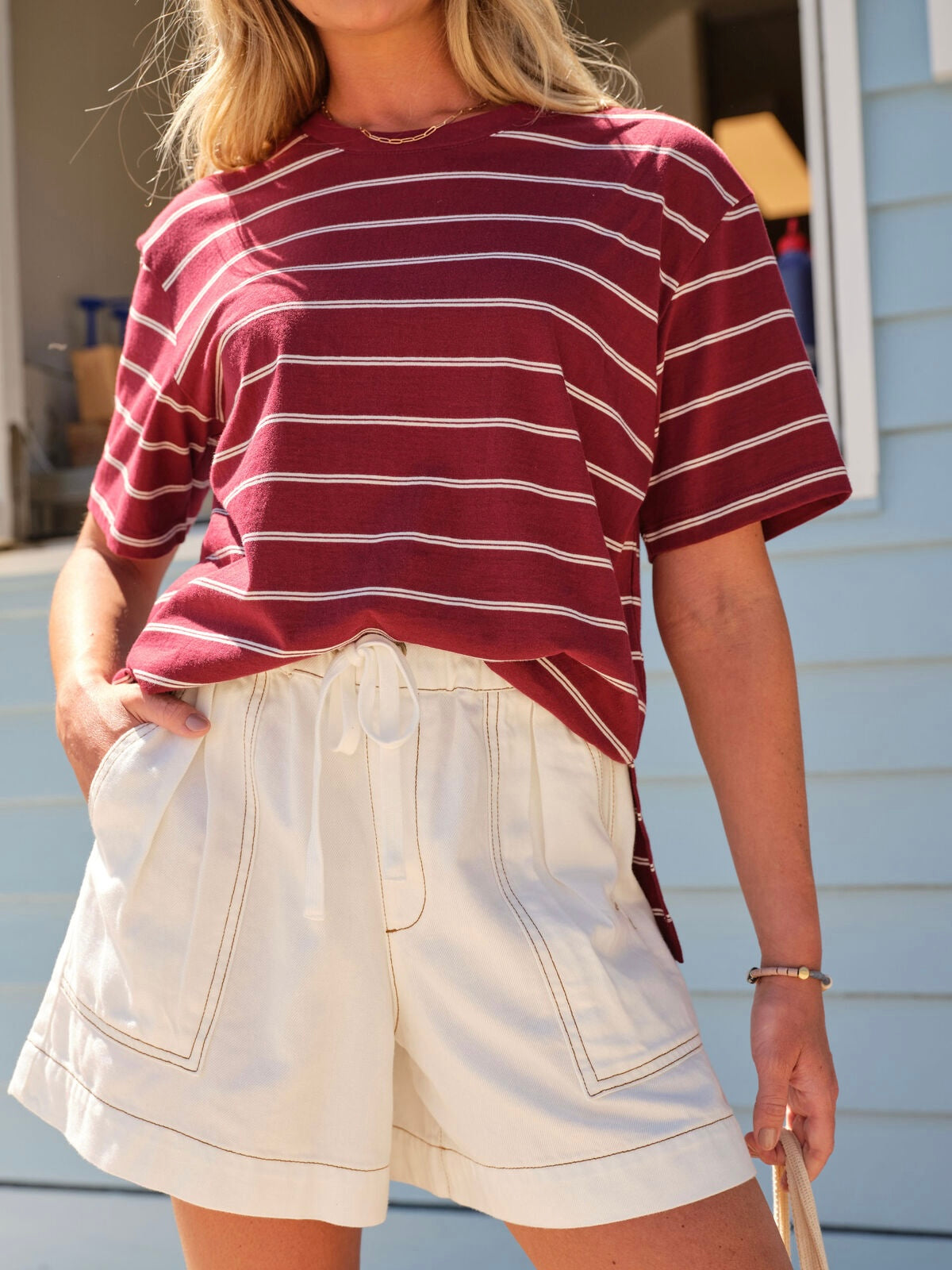 Stevie Slouchy Tee - Burgundy/Milk Stripe