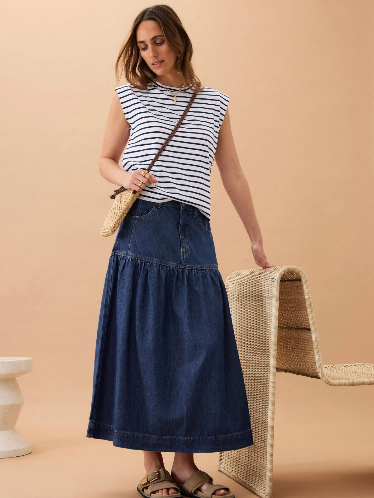 L'Appartement Denim Layered Skirt サイズ34 Drop Waist Denim Maxi Skirt - Caspian Blue