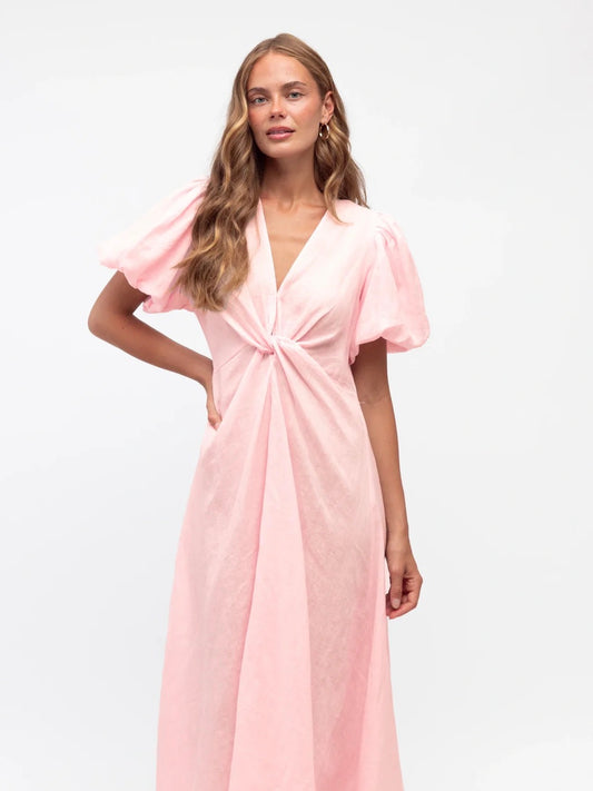 Linen Luxe Balloon Sleeve Dress - Pale Pink