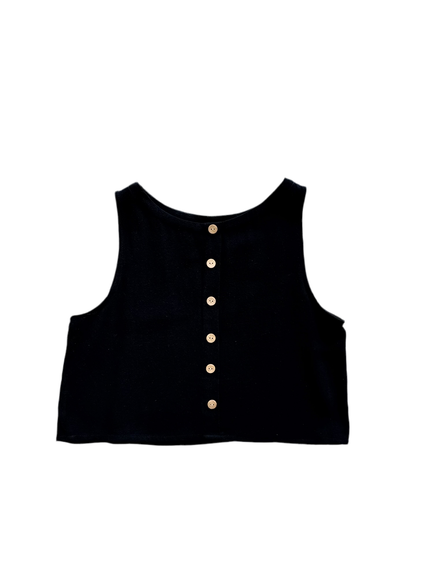 A flat Lay picture of The Mari Top in Black, showing buttons down the back.