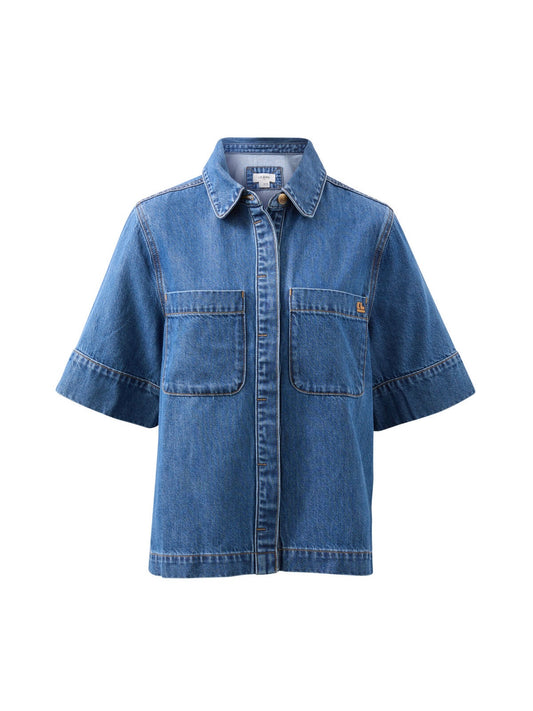 The Noa Blue denim shirt on a white background. Ceres Life denim available at Wanted and Wild