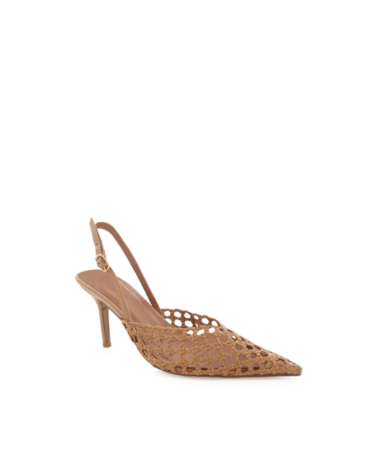 The Side view of Pava Hewls by Billini in Tan high-heeled sandal with pointed toe at Wanted and Wild