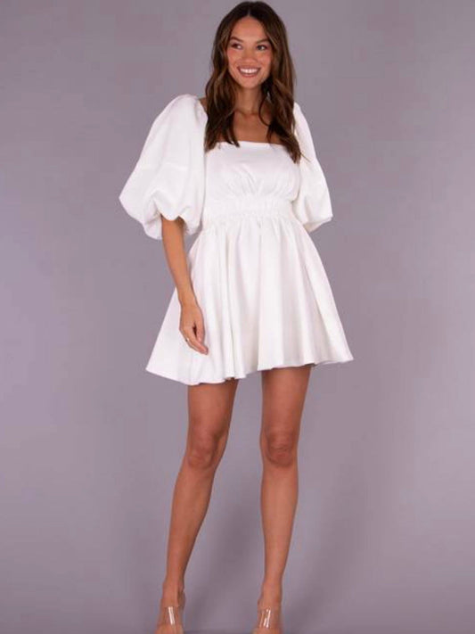 The Amelie Balloon Sleeve Dress - White - WANTED AND WILD
