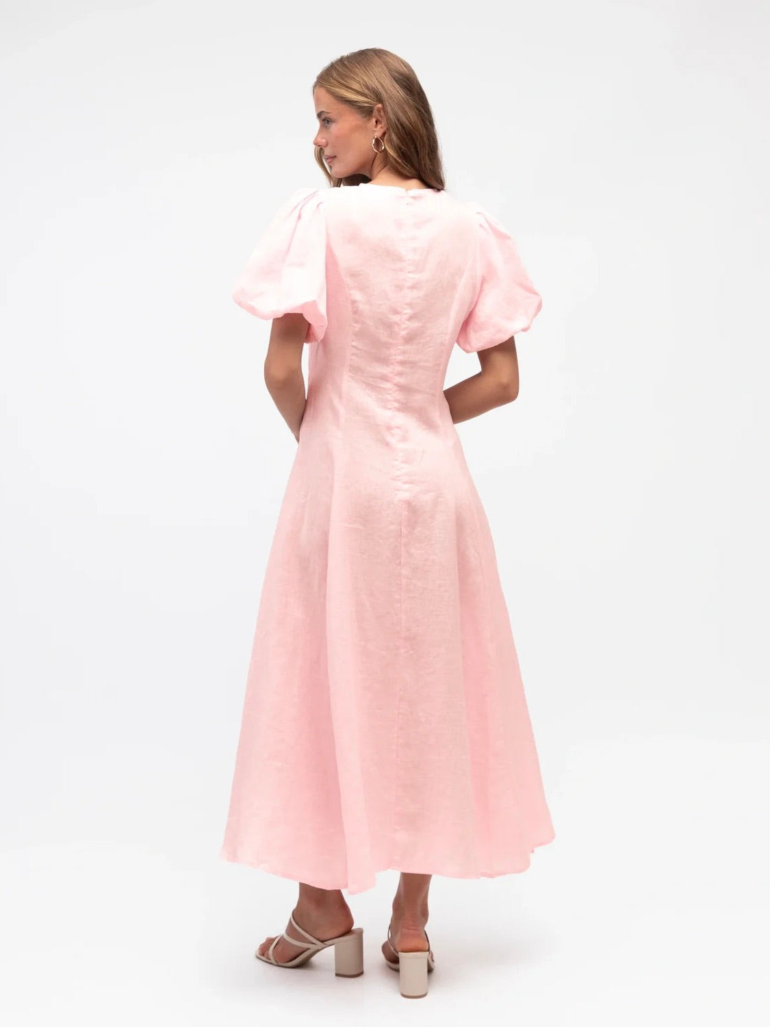 Linen Luxe Balloon Sleeve Dress - Pale Pink