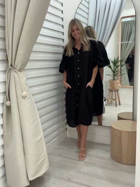 Lune Linen Puff Sleeve Dress  - Black