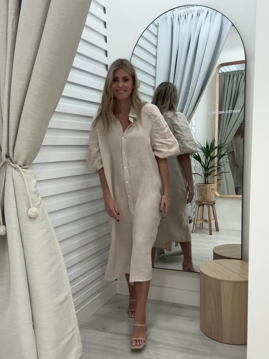 Lune Linen Puff Sleeve Dress  - Oatmeal