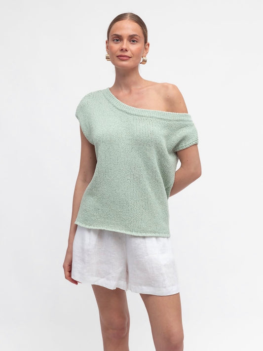 Sienna Off The Shoulder Knit Top in Mint at Wanted and Wild Front