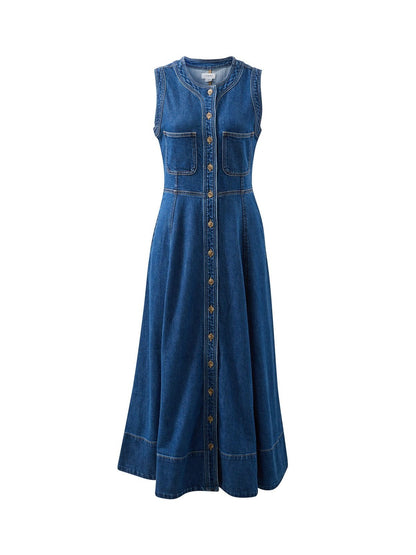 Hazel Sleeveless Midi Denim Dress - Caspian Blue