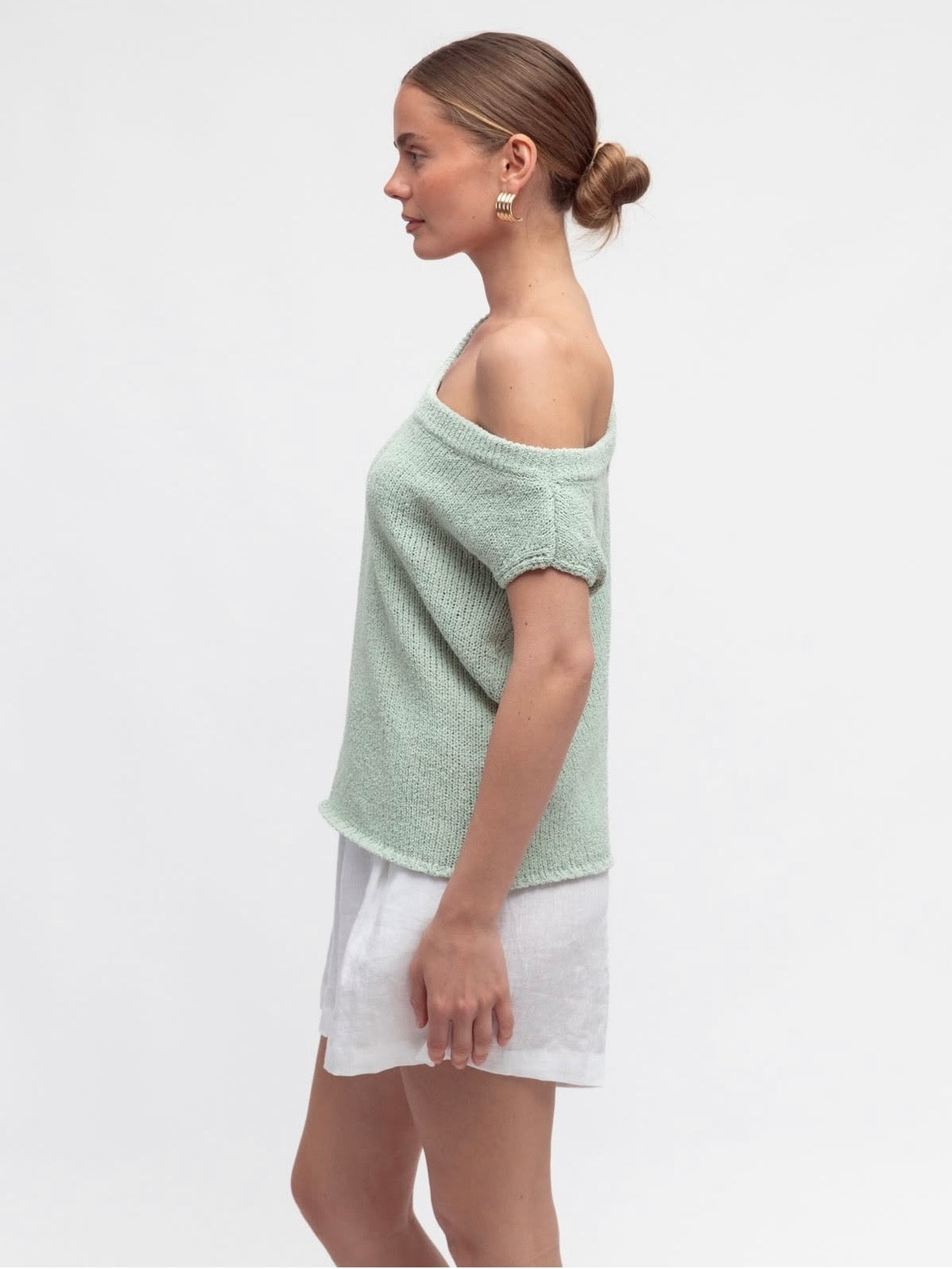 Sienna Off The Shoulder Knit Top in Mint at Wanted and Wild Side