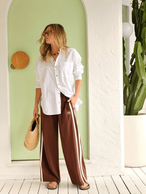 Gigi Wide Leg Terry Track Pants - Chocolate