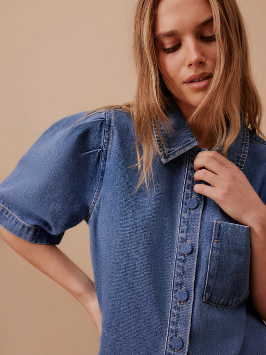 Dylan Pleat Sleeve Denim Shirt- Fresh Indigo