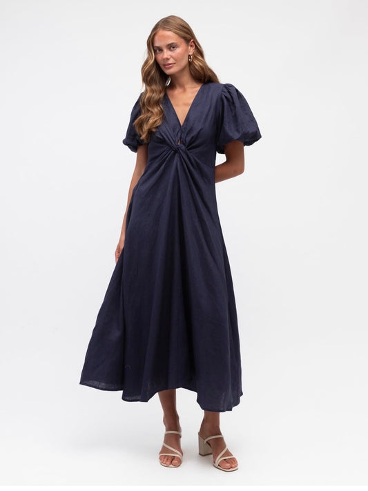Linen Luxe Balloon Sleeve Dress - Navy