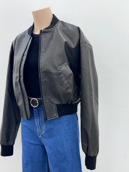 The Faux Leather Bomber Jacket - Vintage Black