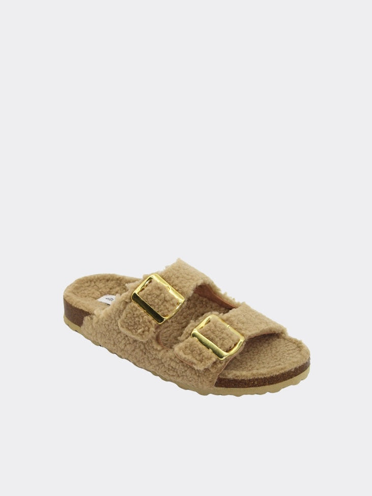 The Aspen Slide | Taupe Teddy Faux Fur Slides