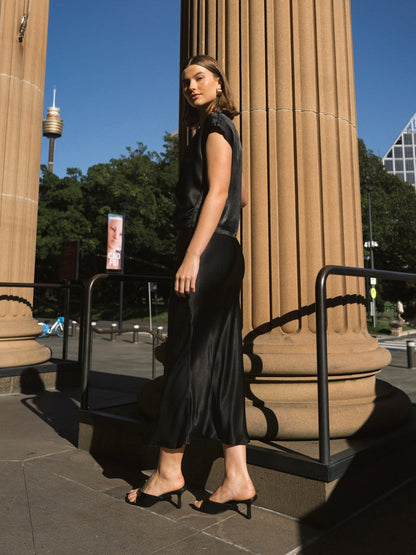 Satin Bias Slip Midi Skirt - Black