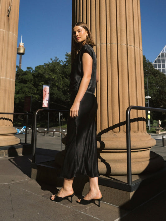 Satin Bias Slip Midi Skirt - Black