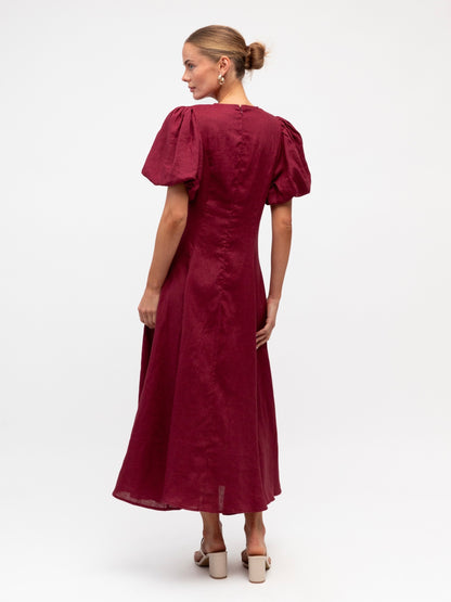 Linen Luxe Balloon Sleeve Dress - Merlot