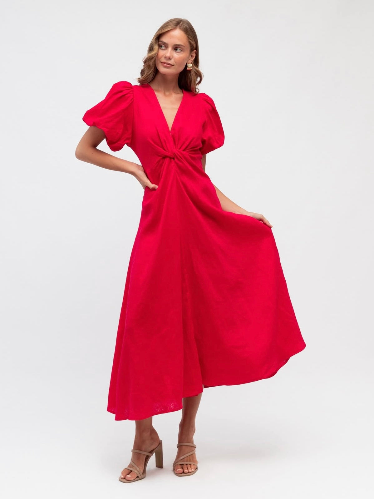 Linen Luxe Balloon Sleeve Dress - Raspberry
