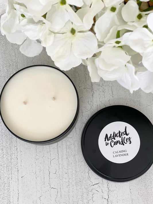 Black travel tin double wick candle by Addicted to candles