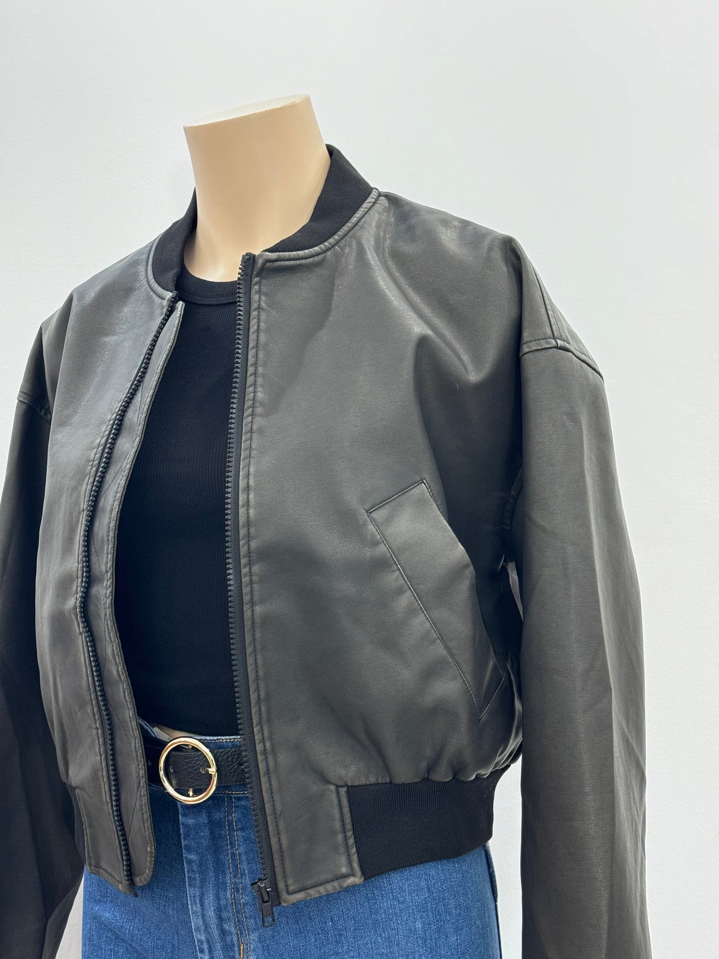 The Faux Leather Bomber Jacket - Vintage Black