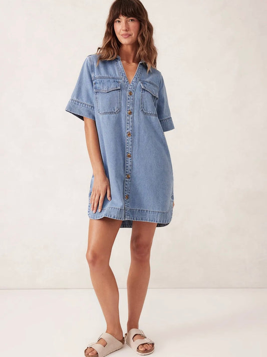 Sammy Relaxed Shirt Denim Dress - Vintage Blue
