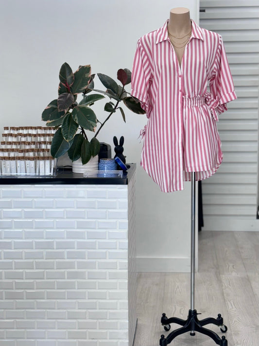 Florence 3/4 Sleeve Shirt - Pink and White Stripe