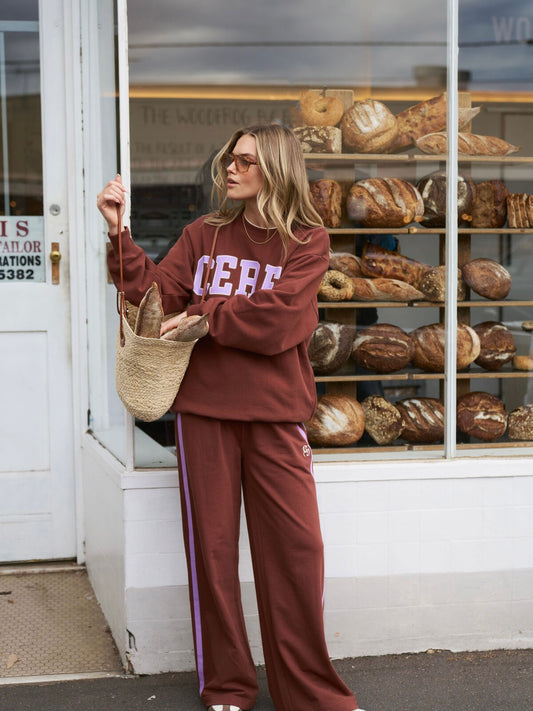 Gigi Wide Leg Terry Track Pants - Burnt Toffee Orchid Stripe