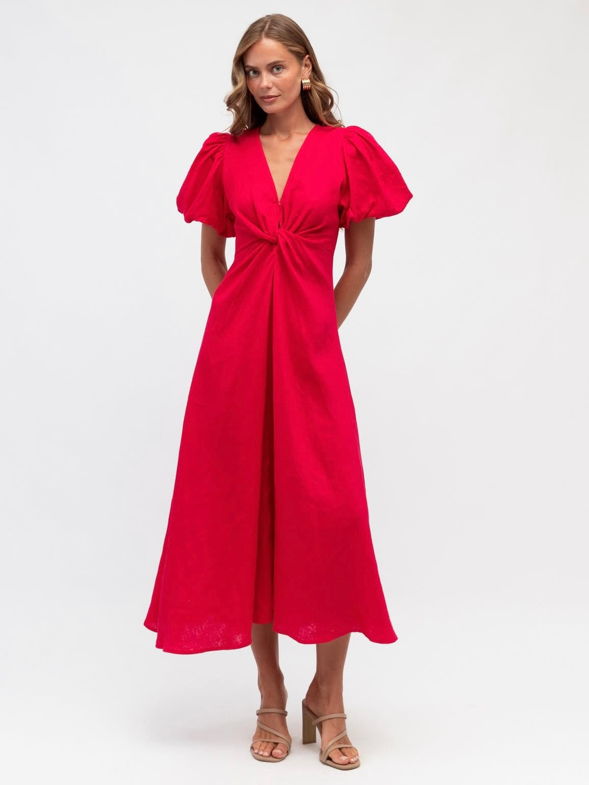 Linen Luxe Balloon Sleeve Dress - Raspberry