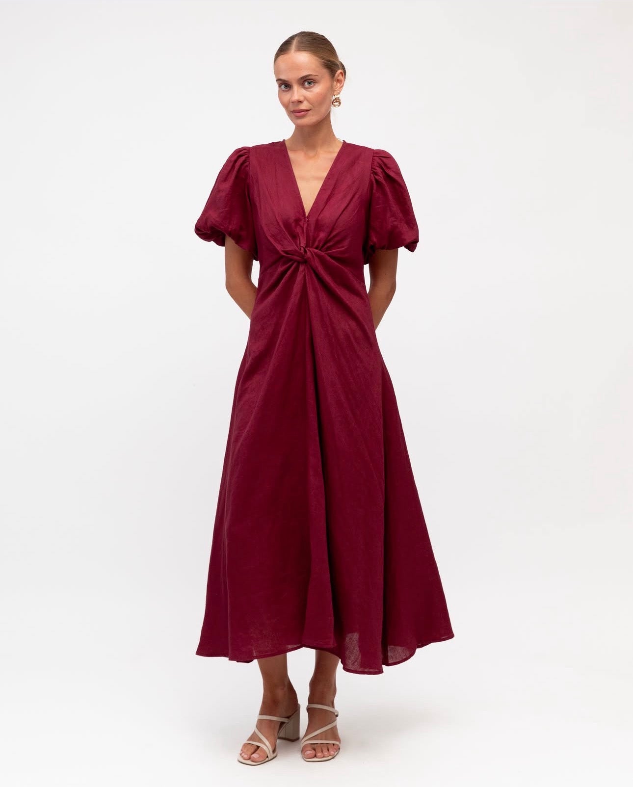 Linen Luxe Balloon Sleeve Dress - Merlot