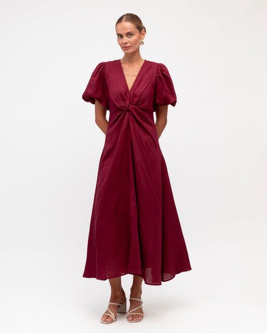 Linen Luxe Balloon Sleeve Dress - Merlot