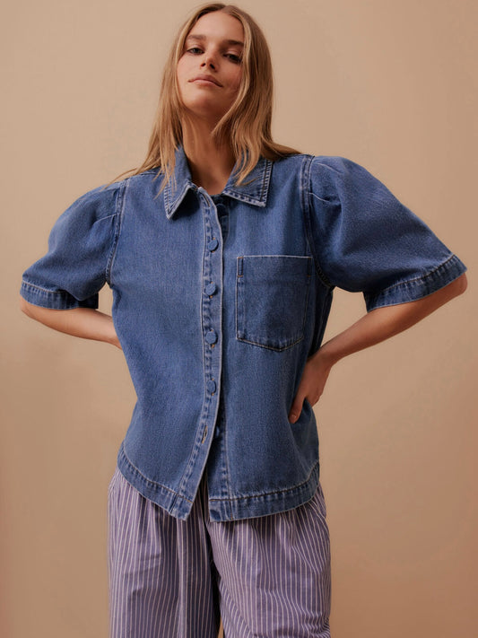 Dylan Pleat Sleeve Denim Shirt- Fresh Indigo