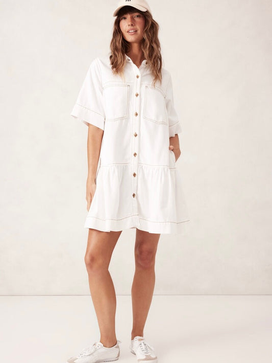 Short Sleeve Tiered Pocket Denim Dress - Fresh Ecru
