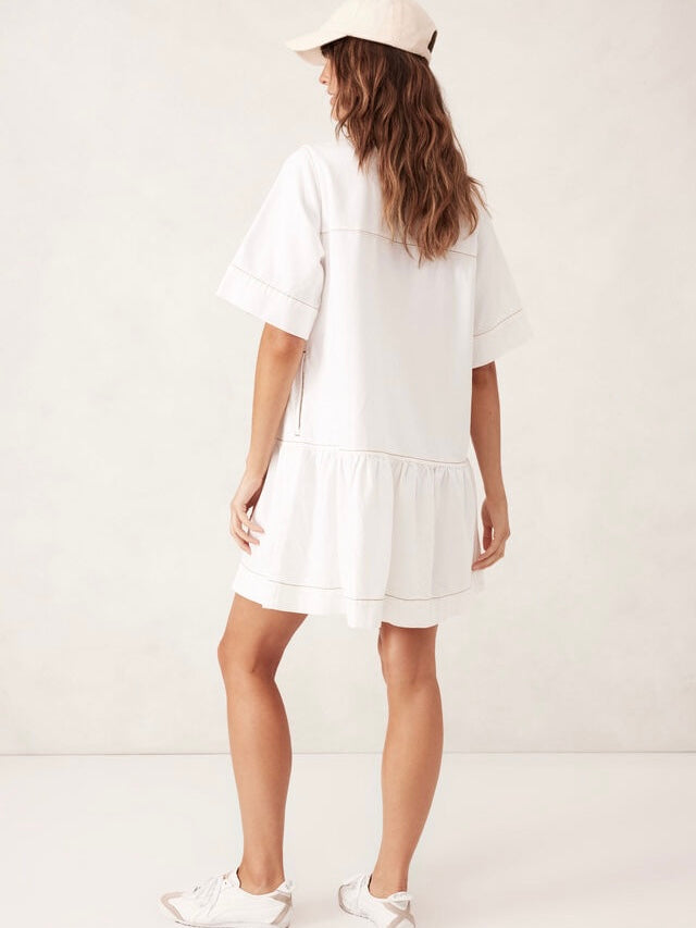 Short Sleeve Tiered Pocket Denim Dress - Fresh Ecru